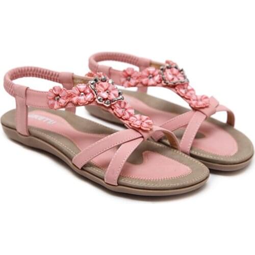 2021 Summer New Large Size Womens Sandals Bohemian Rhinestone Flat Shoes Fashion Beach Shoes Flower Decorative Slippers