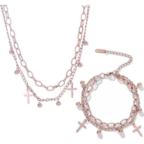 316L Stainless Steel Rose Gold Multiple Cross Pendant Double Bracelet Necklace Set Wedding Jewelry Set No Fade