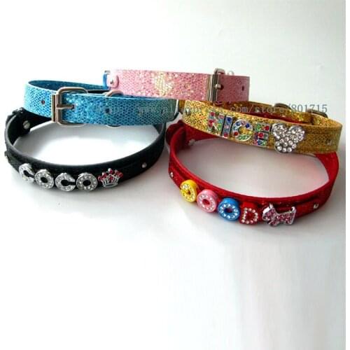 5pcs Sequins Leather Dog Cat Pet Collar 400mm Length 15mm Width With 8mm Small Belt Name Tag Fit 8mm Slide Letters Slide Charms