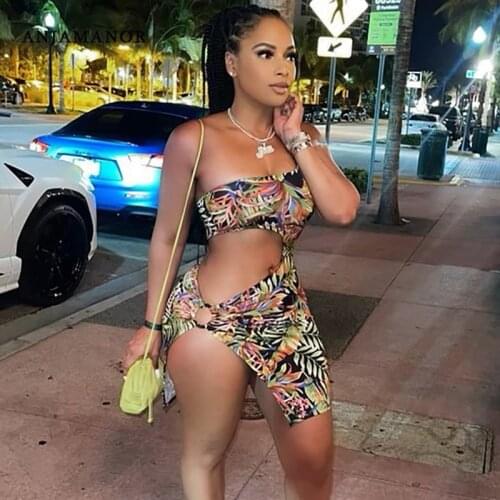 ANJAMANOR Tropical Printed Bodycon Dress Sexy Summer Club Outfits for Women Side Cutout One Shoulder Micro Mini Dress D85-BZ11