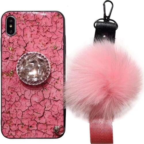 Glitter Phone Case for iphone 6 6s 7 8 plus Diamond Phone Stand Holder Plush Ball Chain Strap Back Cover For iphone X XR XS MAX