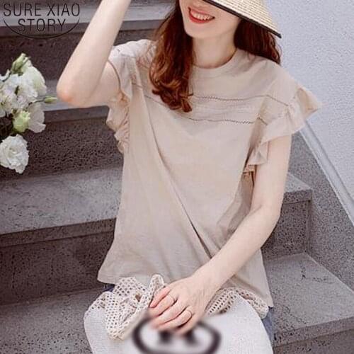 Cotton Blouse Women Shirt Korean 2021 New Summer Short Sleeve Sweet Ruffled Tops Fashion Round Collar Clothes Blusas Mujer 15244