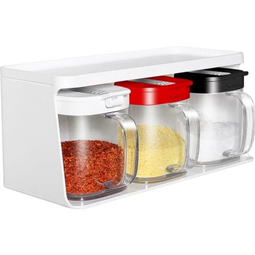 Auto Flip Seasoning Box Wall Mounted Plastic Condiment Container with Spoon Salt Spice Jars for Kitchens Seasoning Jar Rack