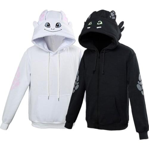 Anime Kids Toothless Cosplay Hoodies Pullover Children Zip Up Cat Ear Hooded Jackets Black White Sweatshirt Coat
