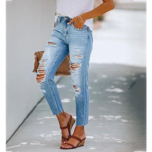 Summer Women Jeans Ripped Hole Classic Washed Blue Denim Slim Female Long Pants Mid High Waist Autumn Trousers Casual C2802