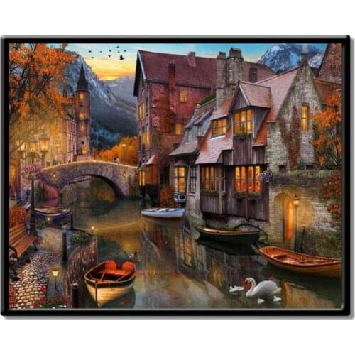 River Boat City Landscape Picture DIY Wall Oil Painting By Numbers Home Decor