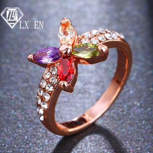 LXOEN New Hot High Quality Fashion Rose Gold Color Jewelry Multicolor Flower Zircon Ring Crystal Rings for Women Best Gift