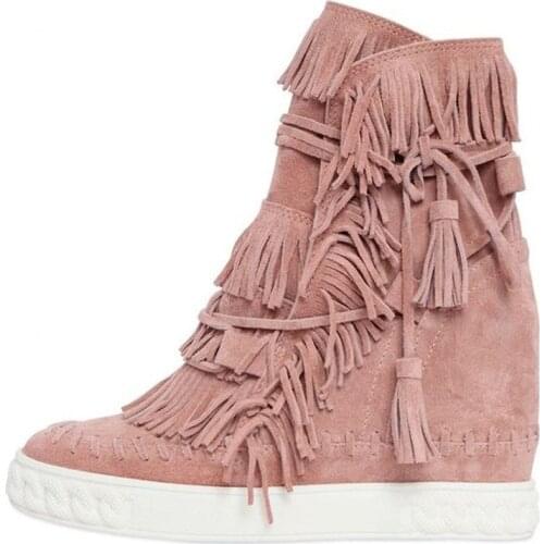 Fashion Blush Fringed Suede Casual Women Shoes Lace Up Wedge Boots Height Increasing 8cm Platforms Real Leather Shoes Woman