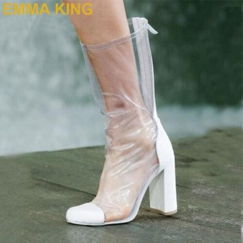 Fashion Women Transparent PVC Mid-calf Rain Boots Chunky High Heels Sexy Ladies Shoes Short Booties Black/White