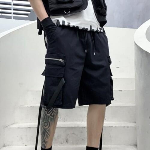 2021 Hip Hop Mens Cargo Black Ribbons Streetwear Pockets Shorts Japanese Streetwear Cropped Trousers Baggy Pants Men