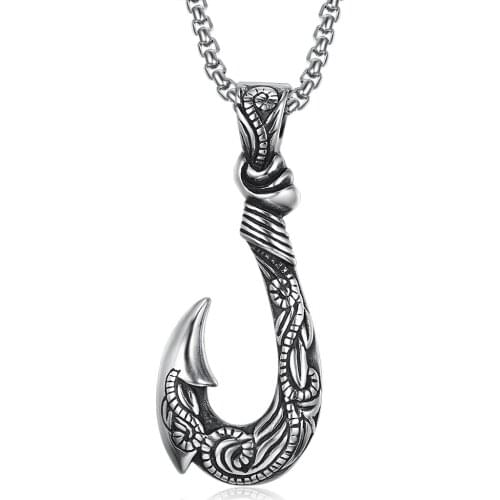 Mens Necklace Antique Fishhook Charm Pendant Stainless Steel Cool Punk Jewelry Gift