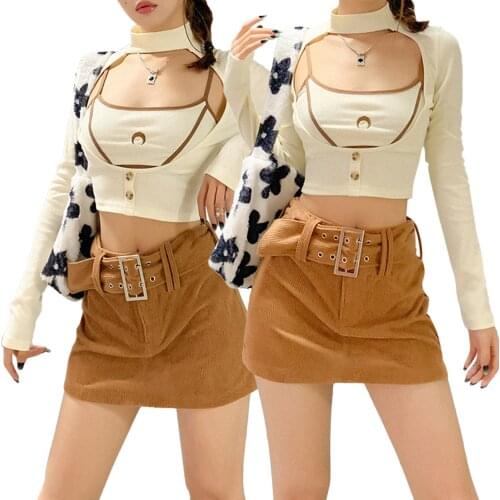 New Hirigin Women Casual Two-piece Clothes Set Tops Beige Embroidery Suspender Tops And Long Sleeve Hollow High Neck Pullover