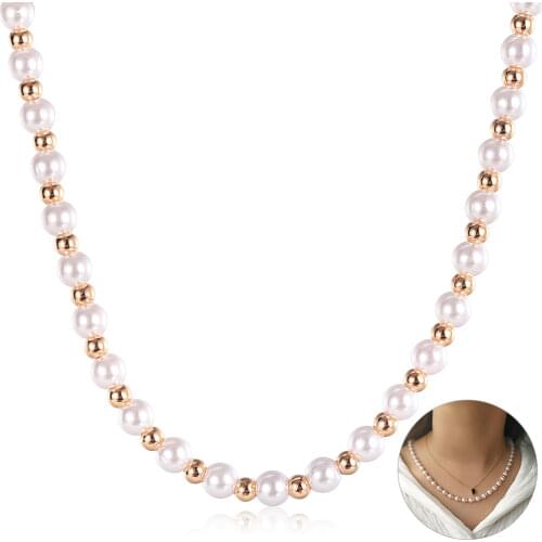 Imitation Pearl Necklace For Women Elegant 6/10mm 585 Rose Gold Beaded Chain Girls Fashion Jewelry Gift 22inch New LCNM03