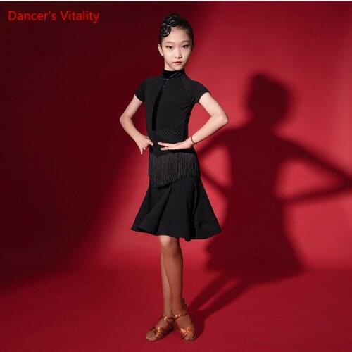 Latin Dance Female Child Temperament Stand Collar Dress Competition Summer Girl Tassel Skirt Short Sleeve performance Clothing