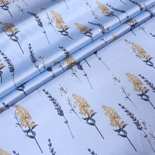 50cmx138cm Blue Natural Silk Fabric With Plants Print
