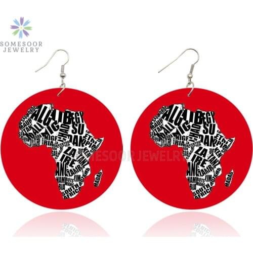 SOMESOOR African Map Earrings Wooden Drop Jewelry With AFRO Black Power Sayings Double Sides Printing For Women Christmas Gifts