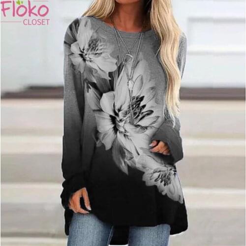 Flokocloset Autumn O-Neck Long Sleeve Floral Print T-Shirts Casual Loose Aesthetic Women Tops Tees