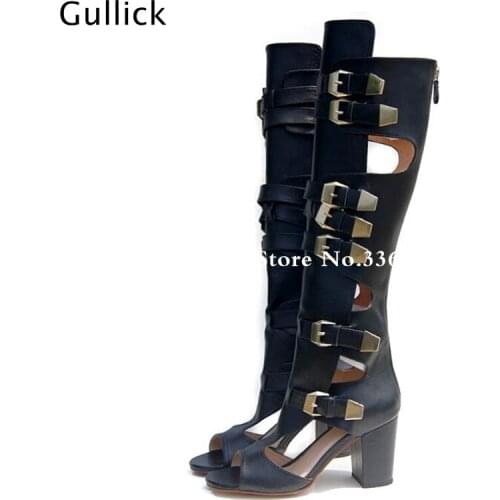 Real Photo Black Leather Cut-out Buckle Gladiator Sandals Boot Women Summer Knee High Boots Square Heel Summer Dress Shoes Women