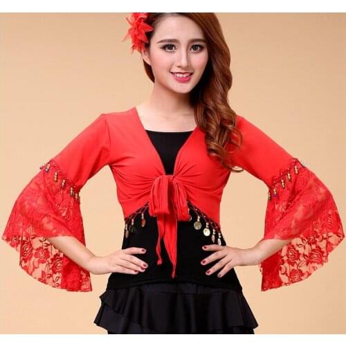 Belly dance top women deep v-neck flare sleeve top girls belly dance sexy lace top