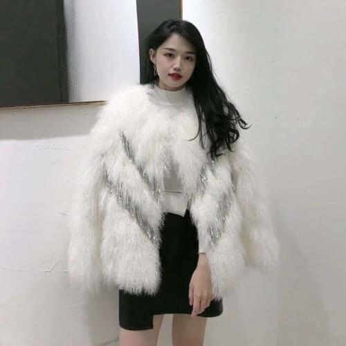 Women Winter Coat Short Clothes New Fashion 2021 Natural Real Mongolian Wool Sheep Fur Jacket Female With Sequins Fn0098
