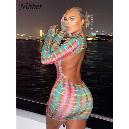 Nibber Sexy Backless Serpentine Print Mini Bodycon Dress Women Fall Chic Package Hip Streetwear Female Casual Party Club Clothes