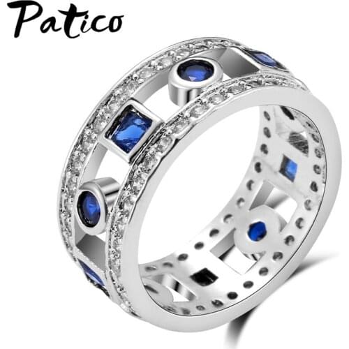 Top Quality Simple Blue Cubic Zirconia Square Round 925 Sterling Silver Wedding Ring Jewelry Full Sizes Wholesale Bijoux