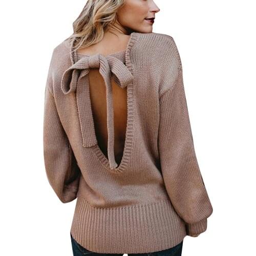 Plus size dress apparel Fashion Women Autumn Solid Color O Neck Backless Back Bow Tie Knitwear Sweater 2020