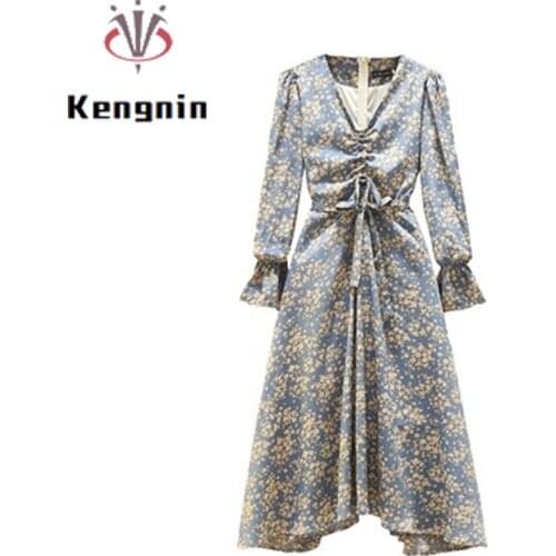Plus Size 4XL Women Party Dress 2021 Spring Ladies Vestidos Drawstring Print Female Robe Dress Flare Sleeve Clothing KE916