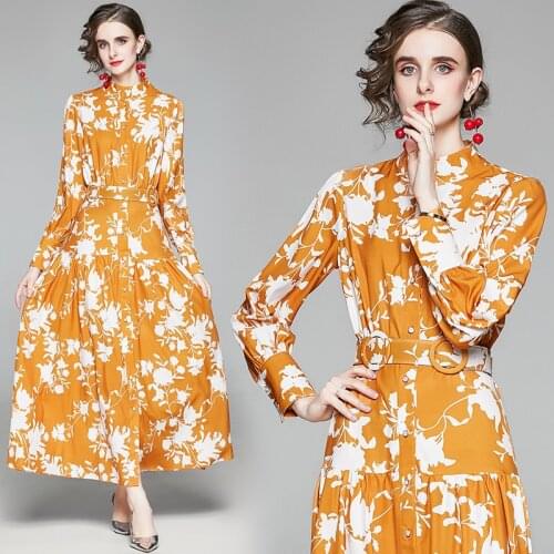 Vintage Floral Flower Yellow Print Long Maxi Dress Women Boho Bohemian Party A-Line Dress Lantern Sleeve Button Big Shirt Dress