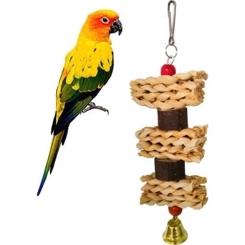 1Pc Wooden Block Corn Leaf Parrot Climbing Bite Chew Pet Toy Bird Cage Hanging Decor Light Gray Braided Rope With Bell Pendant