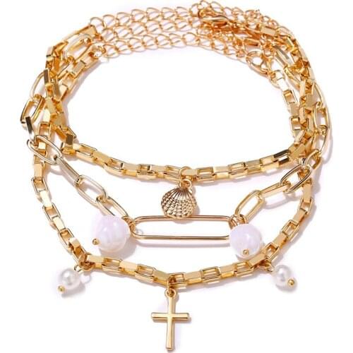 36 pieces/lot Cross Bracelets Bangles Chain Silver Gold Color Metal Shell Jewelry Simulated Pearl Charm Women Jewelry Wristbands