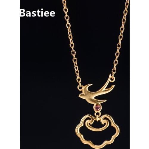 Bastiee Gold Plated Necklace Pendant Swallow Red Zircon Silver 925 Jewelry For Women Link Chain Chinese Vintage Ruyi