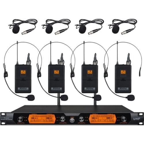 VMEQO GB400 Metal Material 4-Channel UHF Wireless Microphone System with 4 BodyPack for Stage Church Family Party Small Karaoke