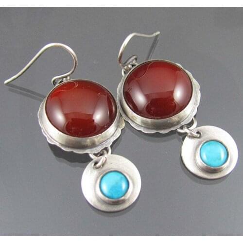 Bohemian Double Circle Metal Turquoises Stone Earrings for Women Tribal Silver Color Red Round Dangle Earring Brincos