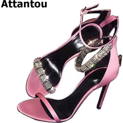Pink Black Stiletto Heeled Bling Bling Crystal Sandals One Belt Buckle Wrap Women Sexy Party Ladies High Heels Dress Shoes