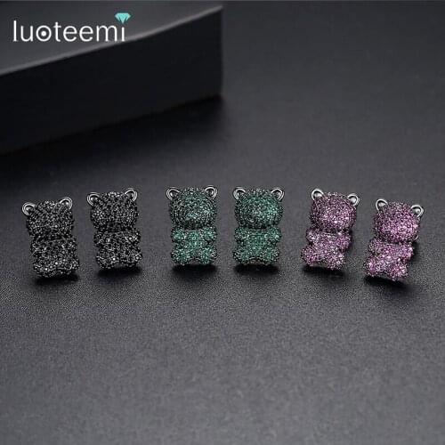 LUOTEEMI Brand Small Bear Cute Stud Earrings for Women Party Gun Black 3 Color CZ Fashion Jewelry Femme Bijoux Christmas Gift