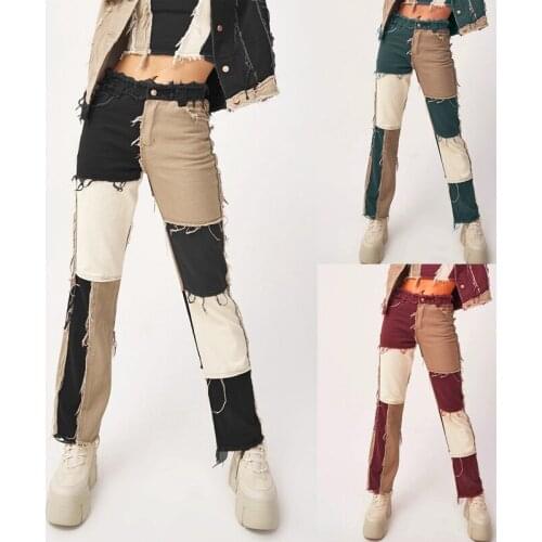 Patchwork Skinny Straight Jeans Women High Waist with Pockets Color Block Ladies Jeans Trousers Denim Pants
