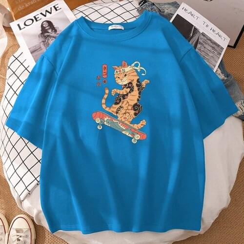 Catana Play Skateboard Ukiyoe Print Tshirts Oversized Soft Tshirt Mans Fashion Breathable Male T-Shirts Summer Loose Tee Shirts