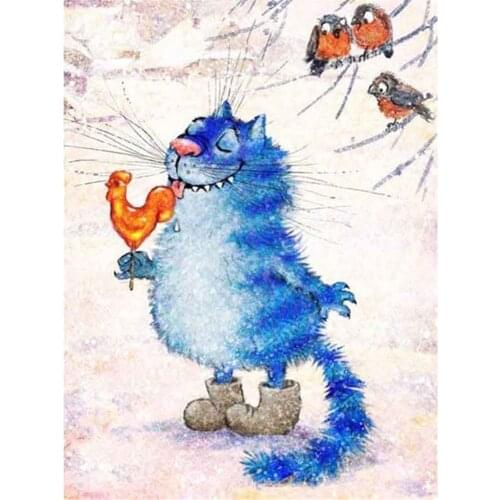 Cartoon Blue Cat DIY 11CT Cross Stitch Embroidery Kits Craft Needlework Set Cotton Thread Printed Canvas Home Dropshipping