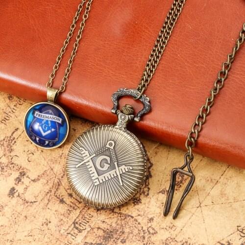 Retro Men Pocket Watch for Men Necklace Gifts Set with Box Bronze Masonic Freemasonry Pendant Quartz Pocket Watches reloj hombre