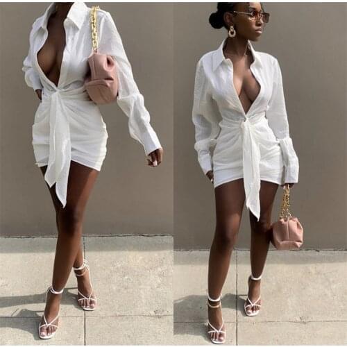 Dress 2021 Autumn New Product Fashion Sexy Irregular Pleated Lace-Up Shirt Dress