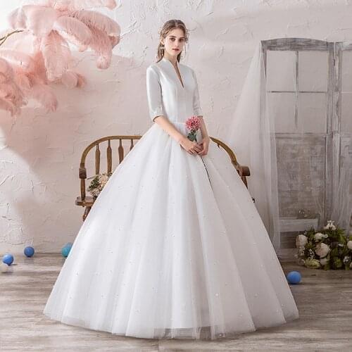 New Pearls Wedding Dress Simple V-Neck Half Sleeves White Luxurious Tulle Plus Size Wedding Gowns Women Vestidos De Novia G083