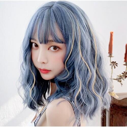 The cartoon cosplay New style female short hair natural full head realistic instant noodles head blue long curly hair
