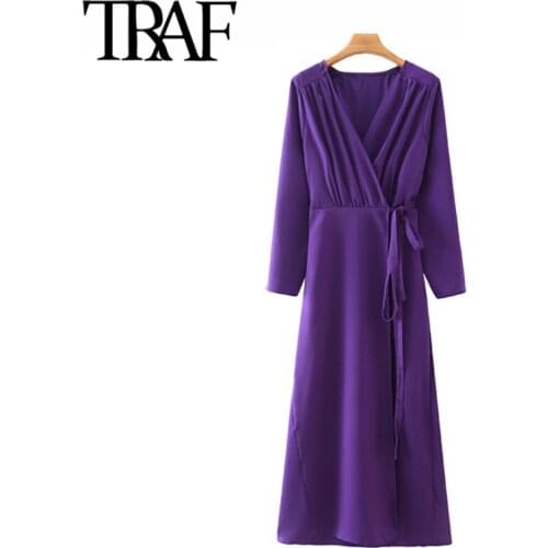 TRAF Women Fashion With Bow Tied Pleated Cozy Midi Dress Vintage V Neck Long Sleeve Female Dresses Vestidos Mujer