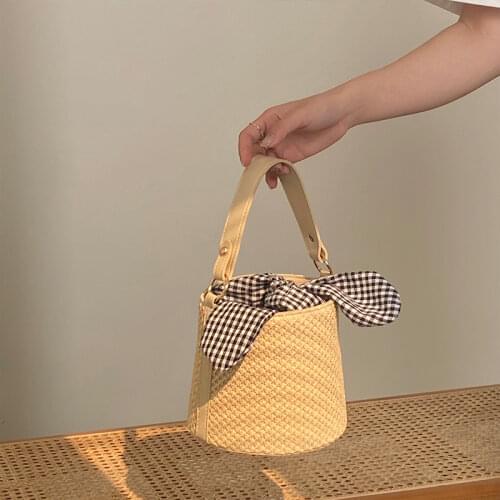 Beach Straw Woven Bucket Bag for Women Bowknot Plaid Ladies Small Shoulder Messenger Bags Female Summer Tote Purse Handbags