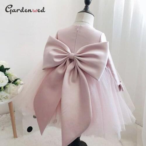 Puffy Pink Flower Girl Dresses Tulle Back Big Bow Knot First Communion Dresses Girl Wedding Dresses Little Bride Baptism Dress