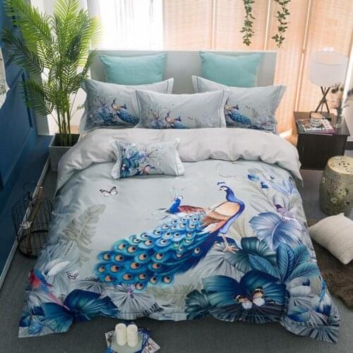 Luxury peacock 100S Egyptian cotton digital printing Bedding sets Queen King anima Duvet cover Bed sheet set Pillowcases 4pcs