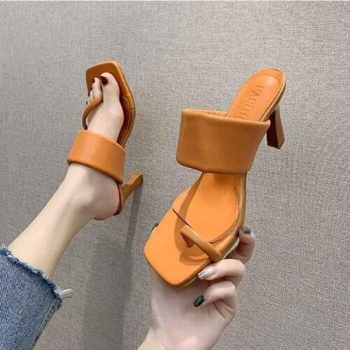 Women Summer Sandals Soild High Heeled Fashion Toe Sandals Womens Thin Heel One Line Slippers