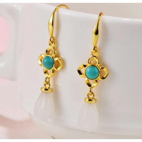 PURE NATURAL S925 SILVER EARRINGS JADEITE FLOWER DANGLE EARRINGS