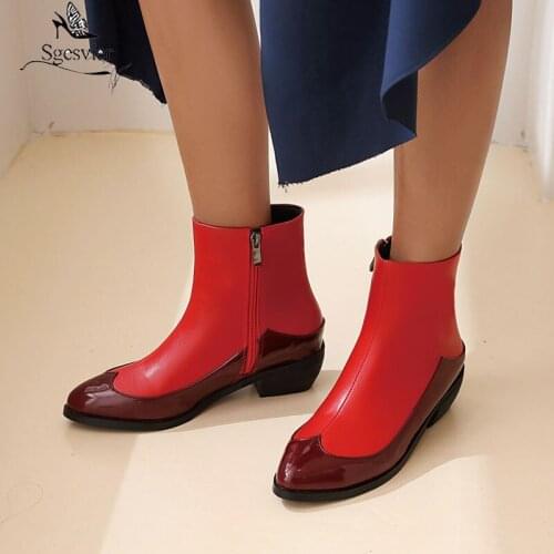 Sgesvier Womens Round Toe PU Leather Ankle Boots Match Colors Chunky Heel Shoes Riding Retro Punk Plus Size 31-48 3Colors New